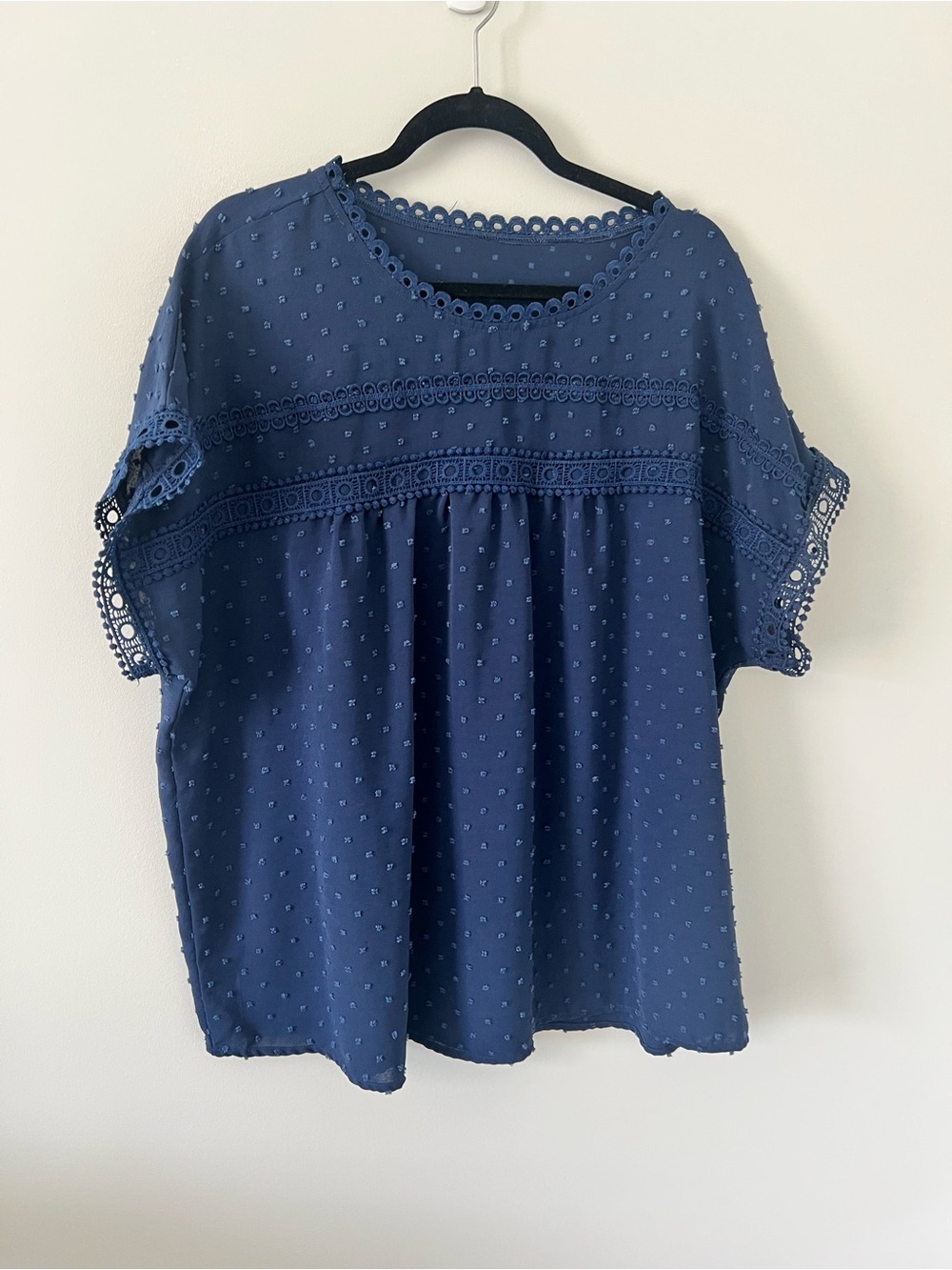 Women's Navy Swiss Dot Lace Trim Blouse